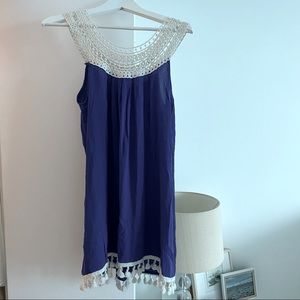 Greek Dress w Crochet neck detail and tassel fringe. Size S